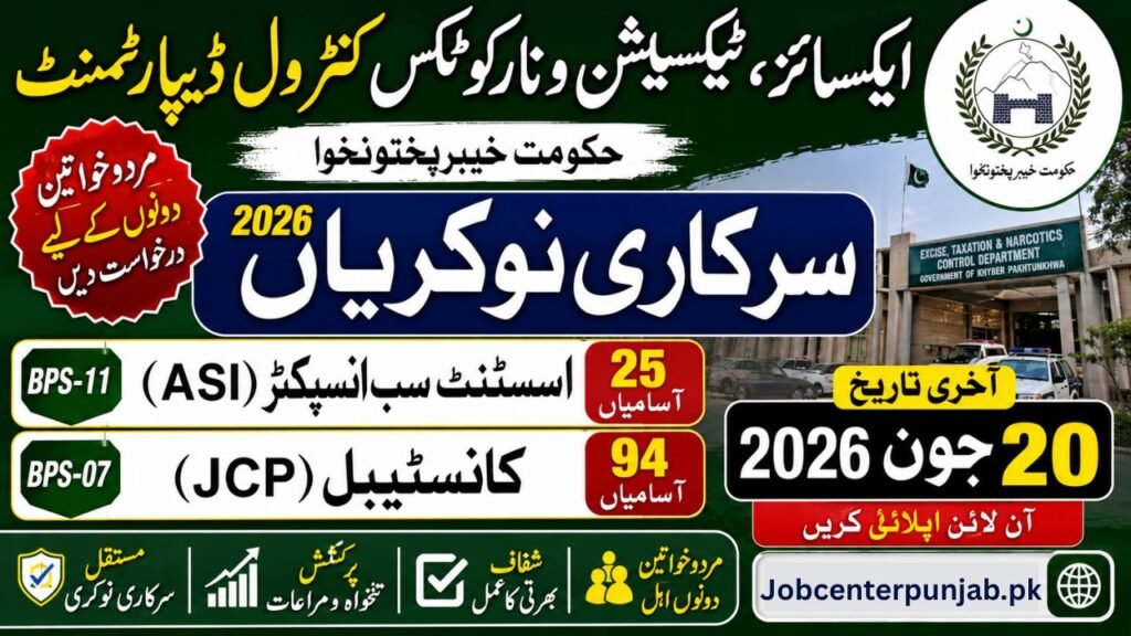 Excise Taxation & Narcotics Control Department KPK Jobs 2026