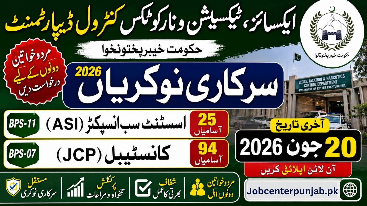 Excise Taxation & Narcotics Control Department KPK Jobs 2026