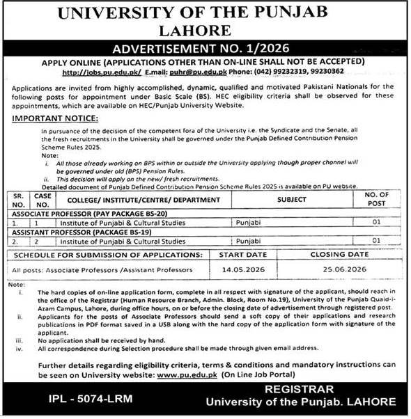 University of the Punjab Jobs 2026