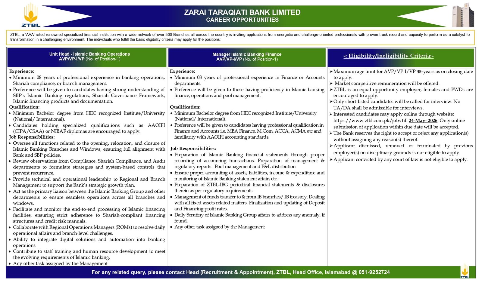 ZTBL Islamic Banking Jobs 2026
