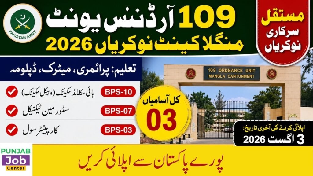 109 Ordnance Unit Mangla Cantonment Jobs 2026