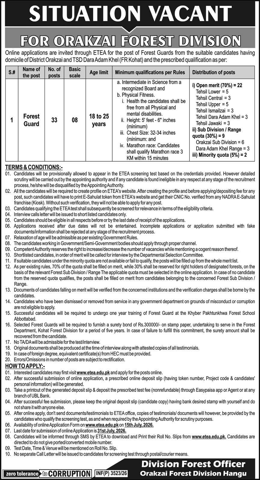 Orakzai Forest Division Jobs 2026