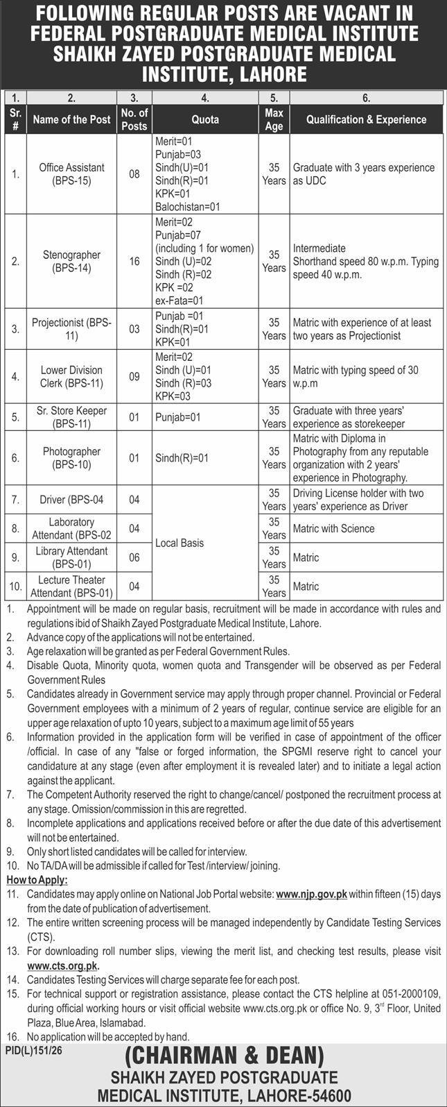 Shaikh Zayed Medical Institute Lahore Jobs 2026