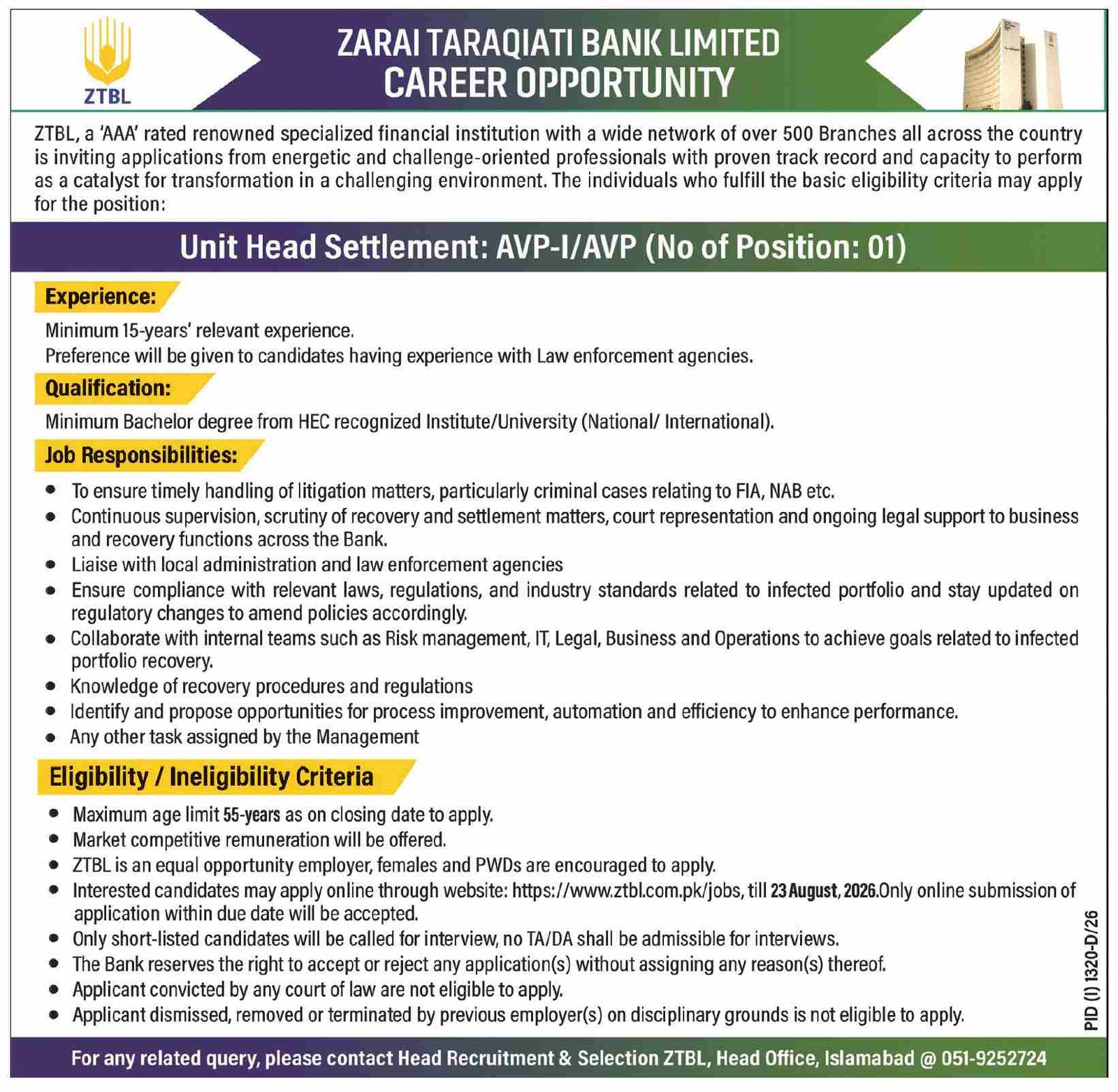 Zarai Taraqiati Bank Limited ZTBL Jobs 2026