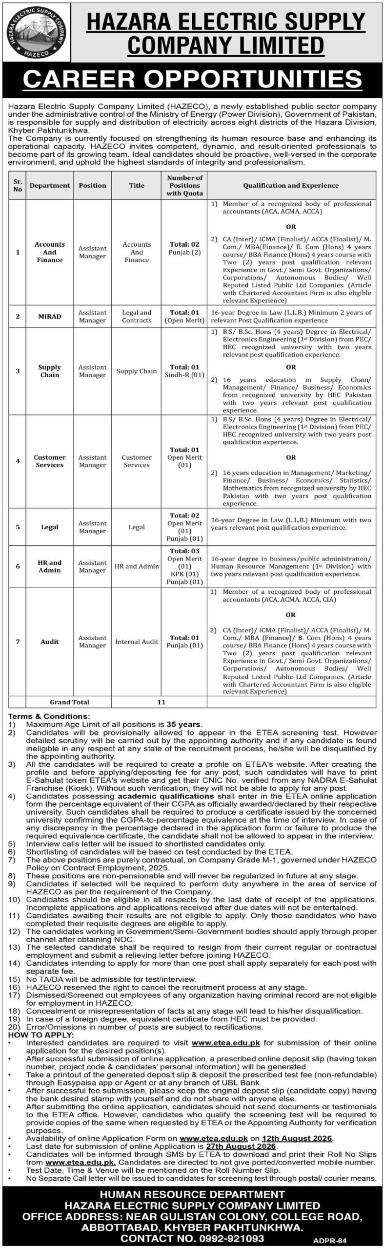 Hazara Electric Supply Company Limited HAZECO Jobs 2026