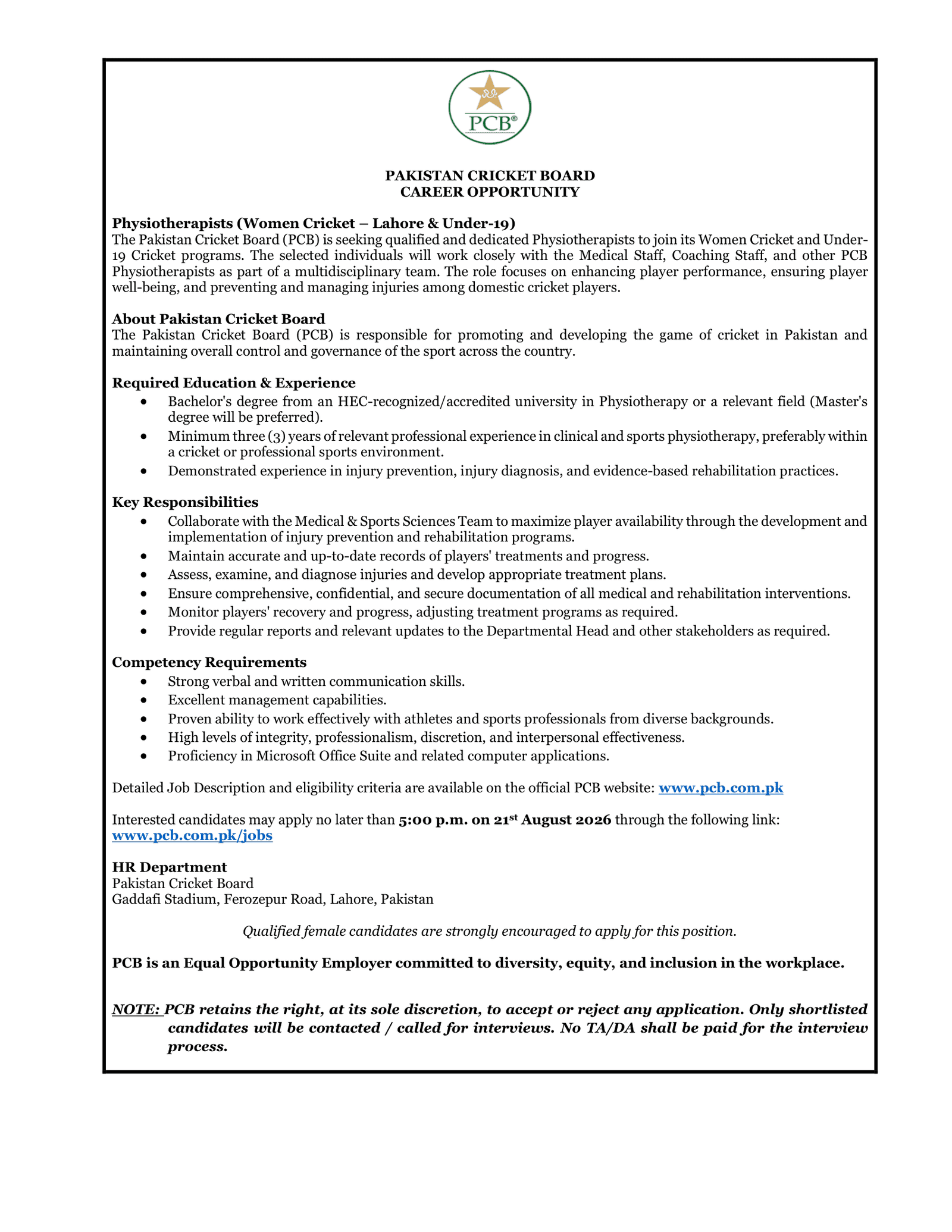 Pakistan Cricket Board PCB Jobs 2026