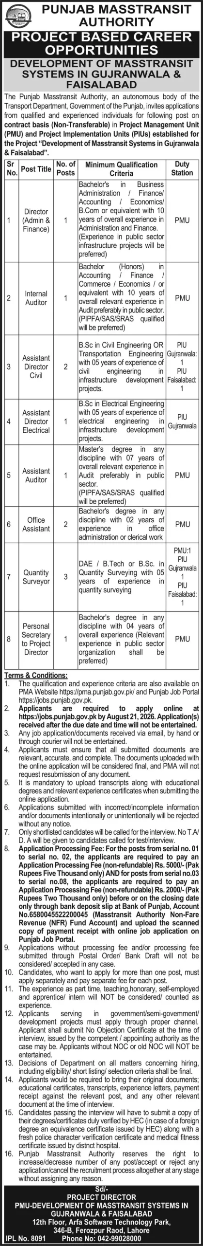 Punjab Masstransit Authority PMA Jobs 2026